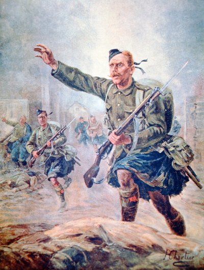 Szkocki Highlander ubrany w kilt w bitwie na froncie zachodnim (kolor lito) autorstwa Henri Georges Jacques (after) Chartier