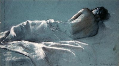 Studium dla Le Blesse de Guerre (węgiel z biało-czerwoną kredą na niebieskim papierze) autorstwa Henri Gervex