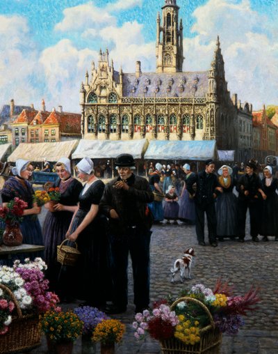 Targ kwiatowy w Middelburgu (olej na płótnie) autorstwa Henri Houben