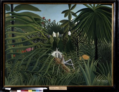 Koń zaatakowany przez jaguara. Obraz Henri Rousseau zwany Douanier Rousseau (1844-1910) autorstwa Henri J.F. Rousseau