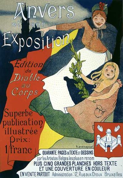 Reprodukcja plakatu reklamującego ilustrowaną publikację z Ekspozycji w Antwerpii (litografia kolorowa) autorstwa Henri Jacques Edouard Evenepoel