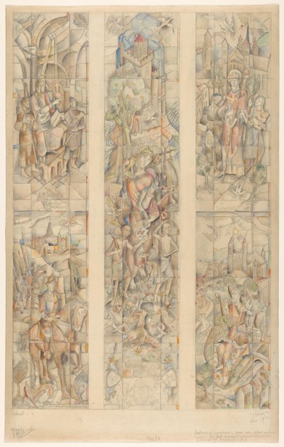 Zaprojektuj karton na witraż w nowym budynku rządowym w Maastricht (oryginalny tytuł obiektu) autorstwa Henri Jonas (signed by artist)