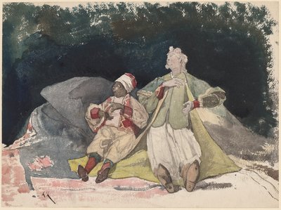 Dwie lalki lub pacynki siedzące na poduszkach autorstwa Henri Joseph Harpignies