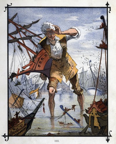 Lemuel Gulliver w centrum bitwy morskiej między statkami Lilliput i Blefuscu. Ilustracja do „Podróży Guliwera” Jonathana Swifta (1667-1745) autorstwa Henri Jules Jean Geoffroy