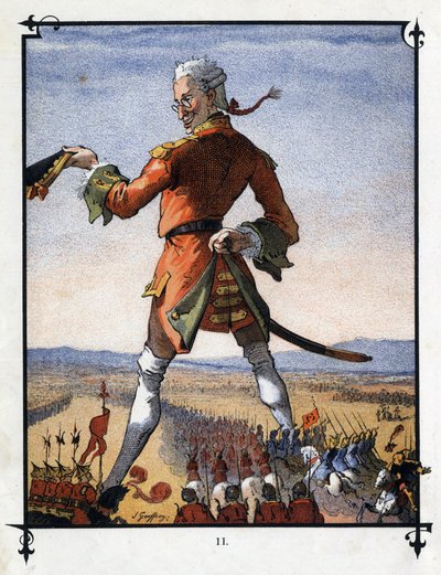 Lemuel Gulliver dowodzi armią Lilliputów. Ilustracja do „Podróży Guliwera” Jonathana Swifta (1667-1745) autorstwa Henri Jules Jean Geoffroy