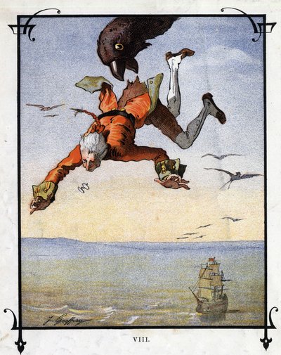 Lemuel Gulliver zostaje porwany przez orła. Ilustracja do „Podróży Guliwera” Jonathana Swifta (1667-1745) autorstwa Henri Jules Jean Geoffroy