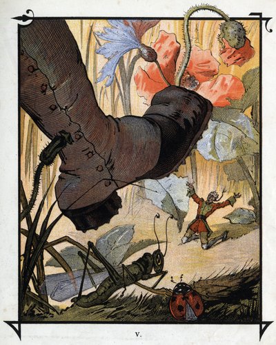 Gigantyczna stopa mieszkańca Brobdingnag nie zmiażdżyła Lemuela Guliwera w wysokiej trawie. Ilustracja do „Podróży Guliwera” Jonathana Swifta (1667-1745) autorstwa Henri Jules Jean Geoffroy