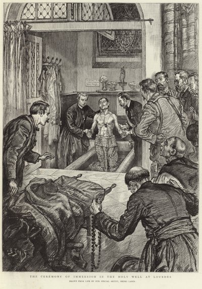 Ceremonia zanurzenia w świętej studni w Lourdes (litografia) autorstwa Henri Lanos