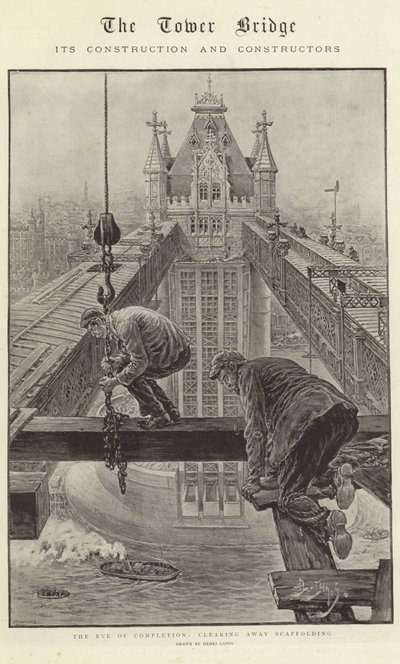 Tower Bridge, jego budowa i konstruktorzy (litografia) autorstwa Henri Lanos