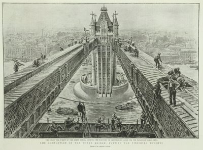 Ukończenie Tower Bridge: ostatnie szlify, z Grafiki, 23 czerwca 1894 (grafika) autorstwa Henri Lanos