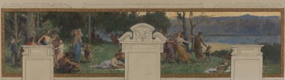 Szkic ratusza w Pantin: Alegorie kanału Ourcq, praca i nawigacja - Fête champêtre (sufit i panel ścienny) autorstwa Henri Leopold Levy
