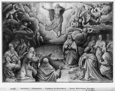 Żywot Chrystusa, Wniebowstąpienie, studium przygotowawcze do karykatury gobelinu dla kościoła Saint-Merri w Paryżu, ok. 1585-90 (papier, płótno, wash i białe paski) autorstwa Henri Lerambert