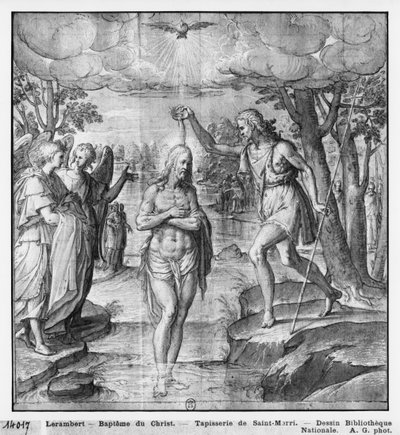 Życie Chrystusa, Chrzest Chrystusa, studium przygotowawcze do rysowania gobelinu dla kościoła Saint-Merri w Paryżu, ok. 1585-90 (pierre noire und wash und white highlights na papierze) autorstwa Henri Lerambert