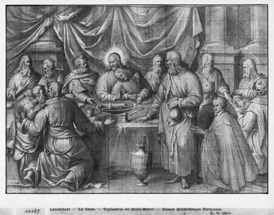 Życie Chrystusa, Ostatnia Wieczerza, studium przygotowawcze do rysowania gobelinu dla kościoła Saint-Merri w Paryżu, ok. 1585-90 (pierre noire und wash und white highlights na papierze) autorstwa Henri Lerambert