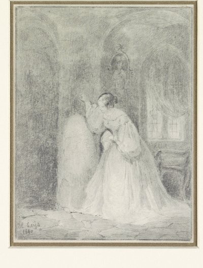 Wnętrze z młodą kobietą opartą o kolumnę autorstwa Henri Leys (baron)