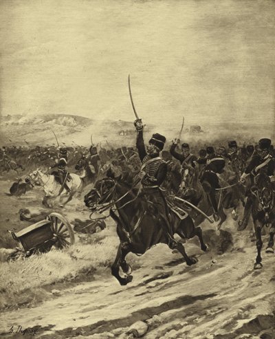 Szarża Lekkiej Brygady, Bitwa pod Kominiarką, 1854 (grawiura) autorstwa Henri Louis Dupray