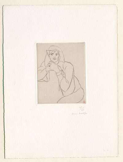 Młoda kobieta z dłońmi złożonymi na oparciu mebla autorstwa Henri Matisse