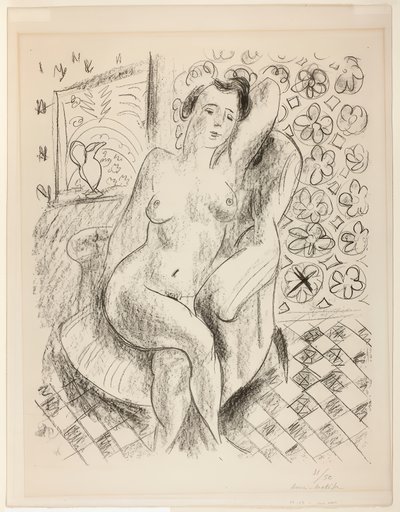 Akt w fotelu, z tłem w stylu Mashrabiya autorstwa Henri Matisse