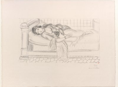 Kobieta z Bliskiego Wschodu na leżance, podłoga wyłożona czerwonymi kafelkami autorstwa Henri Matisse