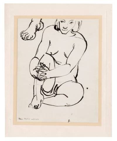 Akt kobiecy w pozycji siedzącej, trzymający się za kolano, ze szkicem stopy autorstwa Henri Matisse