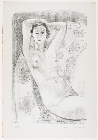 Akt siedzący w fotelu z kwiatową dekoracją autorstwa Henri Matisse