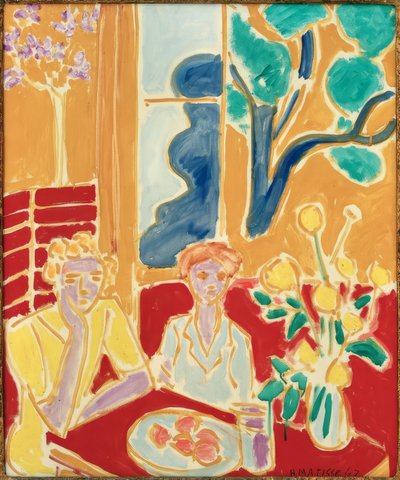 Dwie młode dziewczyny na żółtym i czerwonym tle autorstwa Henri Matisse