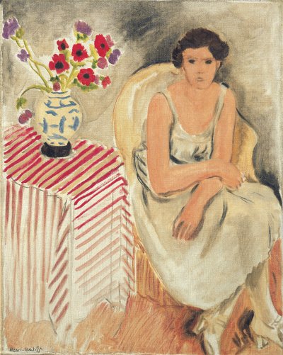 Kobieta na krześle - Kwiaty na stole lub goździki autorstwa Henri Matisse