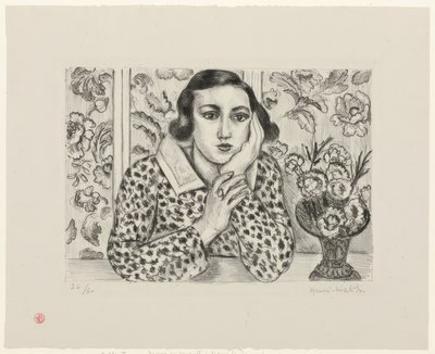 Młoda dziewczyna opierająca się o kwiecisty ekran autorstwa Henri Matisse