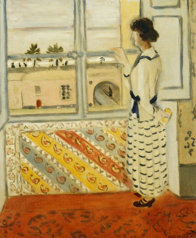 Młoda kobieta przy oknie, niebieska sukienka w paski autorstwa Henri Matisse