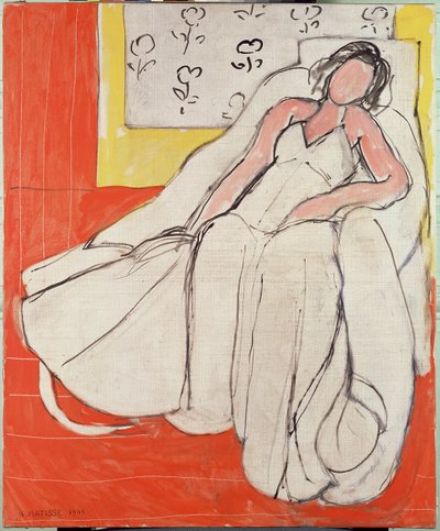 Młoda kobieta w bieli z czerwonym tłem autorstwa Henri Matisse