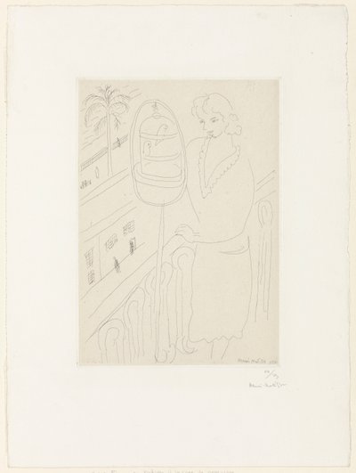 Młoda kobieta na balkonie patrząca na papużki autorstwa Henri Matisse