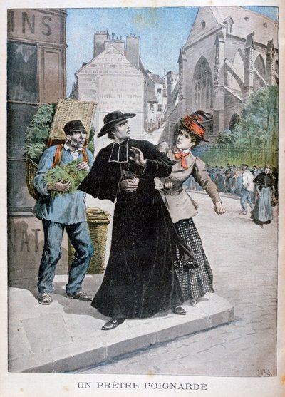 Katolicki ksiądz zostaje dźgnięty nożem przez kobietę na ulicy, Francja, 1897 autorstwa Henri Meyer