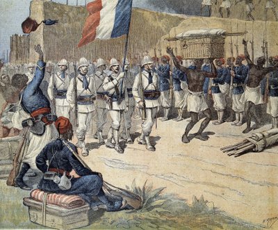 W Dahomey (obecnie Benin): wejście flagi francuskiej na Abomey - w „Le Petit Journal” z 10.12.1892 autorstwa Henri Meyer
