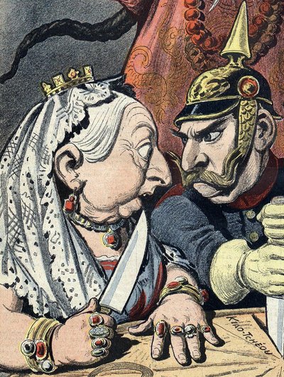 Karykatura królowej Wiktorii i karykatura Wilhelma II z 16 stycznia 1898 r., szczegół z karykatury imperializmu chińskiego (przycięte) autorstwa Henri Meyer