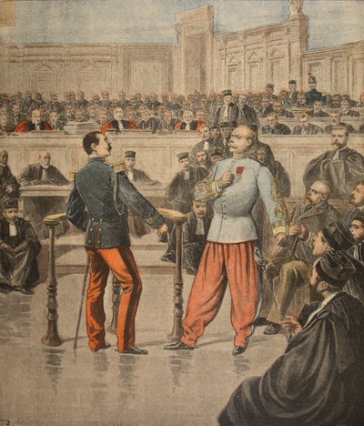 Pułkownik Henry i podpułkownik Picquart przemawiający przed Trybunałem Asesorów, ilustracja z "Le Petit Journal: Supplement illustre", 27 lutego 1898 r. autorstwa Henri Meyer