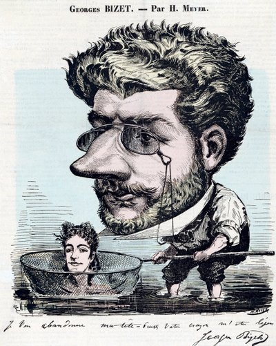 Georges Bizet (1838-1875), francuski kompozytor - Karykatura, z autografem Bizeta, autorstwa Henri Meyera dit Reyem (1844-1899) dla „”Diogene”” autorstwa Henri Meyer