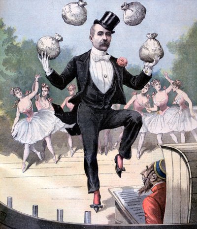 Georges Clemenceau żonglujący torbami z angielskimi pieniędzmi, 1893 autorstwa Henri Meyer