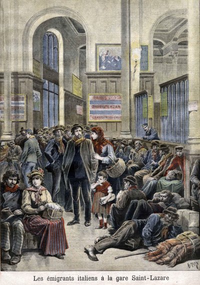 Włoscy emigranci na stacji St Lazarus (Święty Łazarz) (Święty Łazarz) - w "The Petity Journal", marzec 1896 r. autorstwa Henri Meyer