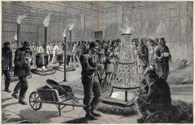 Nocleg w Pałacu Sztuk Wyzwolonych na Polach Marsowych w 1891 r. - Rysunek Henri Meyera, Grawer Navelliera w „Le journal illustrious” z 1891 r. autorstwa Henri Meyer