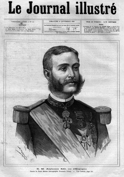Portret Alfonsa XII Hiszpanii (Alfonsa XII) (1857-1885), króla Hiszpanii - Strona tytułowa „The Illustrous Diary” z 1883 r. - Rysunek Henri Meyera (1844-1899) autorstwa Henri Meyer
