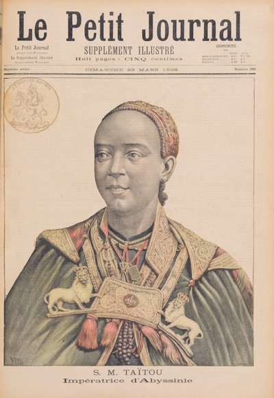 Portret Taytu Betul (ok. 1851-1918) cesarzowej Etiopii, z „Le Petit Journal”, 29 marca 1896 (kolorowy grawerunek) autorstwa Henri Meyer