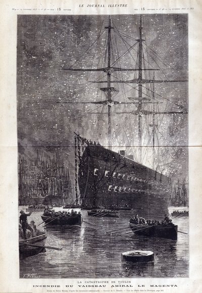 Katastrofa Tulonu: pożar okrętu flagowego „”Le Magenta”” – w „”Le Journal Illustrousse”” 1875 autorstwa Henri Meyer