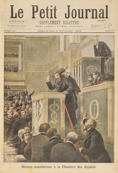 Strona tytułowa przedstawiająca skandaliczne spotkanie Izby Deputowanych: Jean Jaures zaatakowany przez Bernisa podczas debaty na temat sprawy Dreyfusa, ilustracja z ilustrowanego dodatku Le Petit Jou autorstwa Henri Meyer