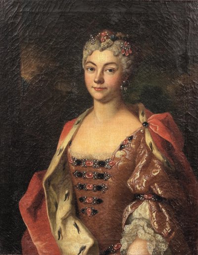 Portret szlachcianki, półdługi, w różowej sukni i szacie obszytej gronostajami autorstwa Henri Millot