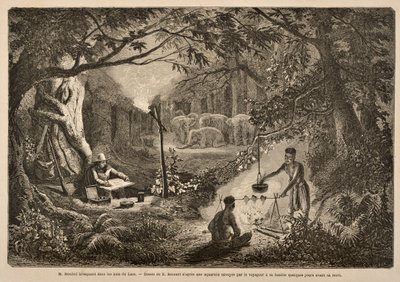 Henri Mouhot Camping w dżungli Laosu, ilustracja z „Podróże po centralnych częściach Indochin (Syjamu), Kambodży i Laosu w latach 1858, 1859 i 1860” autorstwa M. Henri Mouhota, opublikowano autorstwa Henri Mouhot
