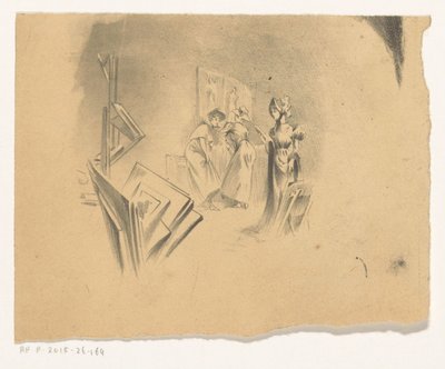 Trzy kobiety oglądają odbitki w studiu autorstwa Henri Patrice Dillon (possibly)