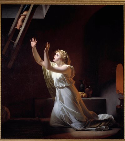 Tortura westalki. Westalka, rzymska czarodziejka trzymana w czystości, zamieszkała żywcem w piwnicy za swoje przewinienie. Obraz Henri Pierre Danloux (1753-1809) 1790 Nd. 1,6x1,45 m - Tortura westalki. Westalka, rzymska kapłanka, utkana do życia autorstwa Henri-Pierre Danloux
