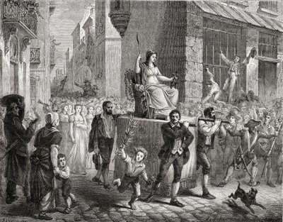 Procesja Bogini Rozumu, 10 listopada 1793, z „Histoire de la Revolution Francaise” Louisa Blanca (1811–82), rytego przez Meyera-Heine’a, 1847–1862 autorstwa Henri Renaud