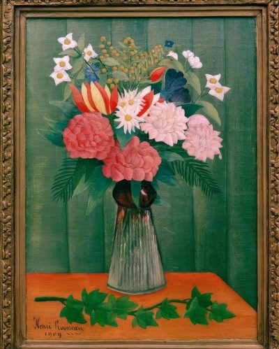 Bukiet kwiatów na gałęzi bluszczu autorstwa Henri Rousseau