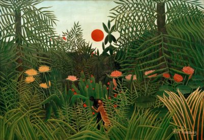 Dziewiczy las o zachodzie słońca. Czarny zaatakowany przez lamparta autorstwa Henri Rousseau